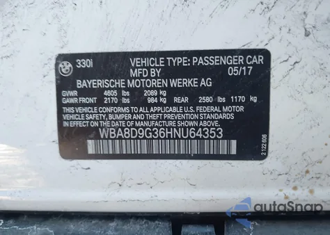 2017 BMW 330I xDrive z USA, uszkodzony, nr VIN WBA8D9G36HNU64353